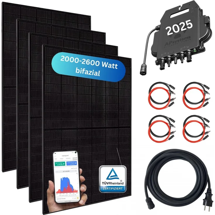 MyVoltaics MyBasic XXL Balkonkraftwerk 2000+ Watt inkl. Wechselrichter (APsystems 2025) - bifaziale Glas Module - weiß