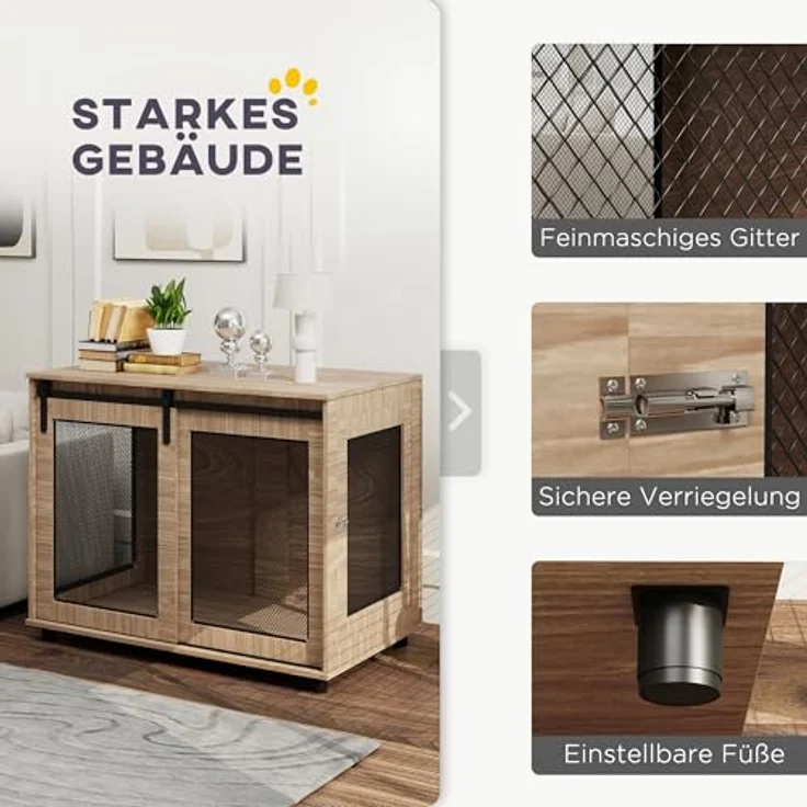 PawHut Hundekäfig Möbel, Hundebox mit 2 verschließbaren Türen, Beistelltisch, für große Hunde unter 30 kg, Stahl, Nussbaum – Bild 4