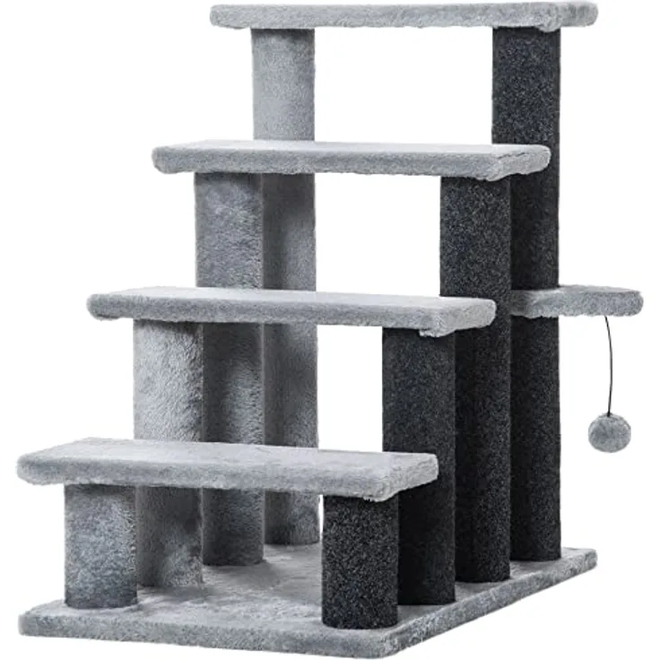 PawHut Haustiertreppe mit Kratzbaum Ball 4-stufige Katzentreppe Hundetreppe Tiertreppe Spanplatte Plüsch Jute Grau 60 x 40 x 64 cm