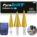 MAVURA Stufenbohrer PyraDrill HSS Edelstahl Schälbohrer Kegelbohrer Konusbohrer, Metallbohrer Kegelsenker Metallfräser Fräsbohrer Set 3er, Gold