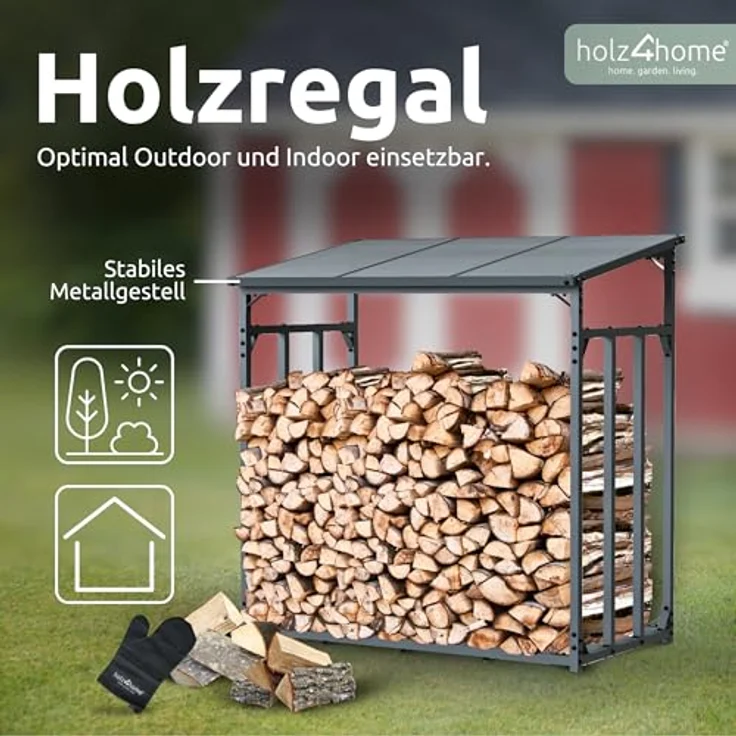 holz4home® Kaminholzregal Außen, Holzlager mit Überdachung, 140 x 70 x 145 cm, inkl. Ofenhandschuh, robuste schwarze Metallkonstruktion – Bild 2