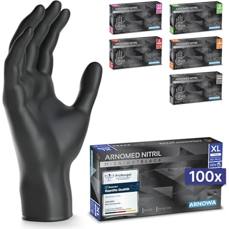 ARNOMED Nitrilhandschuhe Einweghandschuhe, 100 Stück/Box, XL, Schwarze, puderfrei und latexfrei, reißfest und hautfreundlich, lebensmittelecht, für professionellen Gebrauch – Bild 1