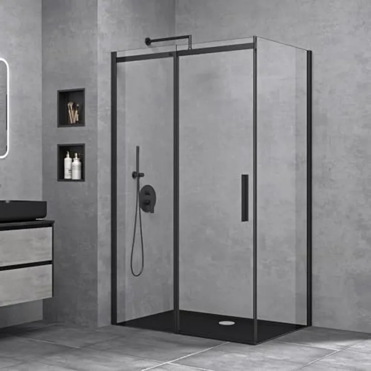 doporro Eckdusche Duschkabine Schiebetür 8mm ESG mit NANO R18, 100x70 cm, Schwarzes Einscheibensicherheitsglas