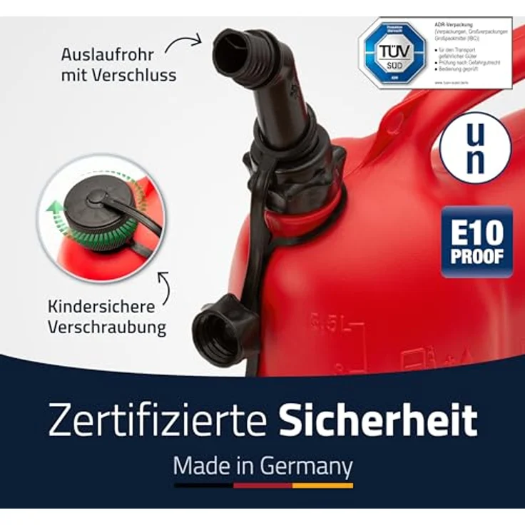 hünersdorff PROFI Doppelkanister - Kombikanister für Kraftstoff und Öl mit Kindersicherung und Auslaufrohr, 3 + 1,5 Liter, rot, UN-Zulassung, Made in Germany – Bild 5