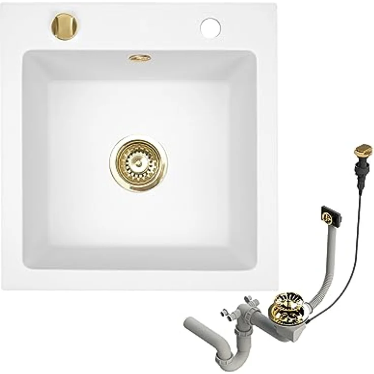 Faizee Möbel Granitspüle 48x50 +Armatur Gold, eckig, weiß - Langlebig, hitzebeständig, reversibel, 80% Quarzanteil – Bild 2