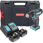 Makita DDF 482 SFJ-R Akku Bohrschrauber 18V 62Nm + 2x Akku 3,0 Ah + Ladegerät + RHINO, kraftvoller 2-Gang-Vollmetall-Planetengetriebe in Blau