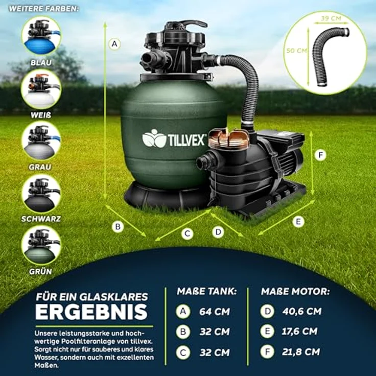 tillvex Sandfilteranlage 10 m³/h, Filteranlage mit 5-Wege Ventil, Druckanzeige und 800g Filterbällen für Pool und Schwimmbecken – Bild 6