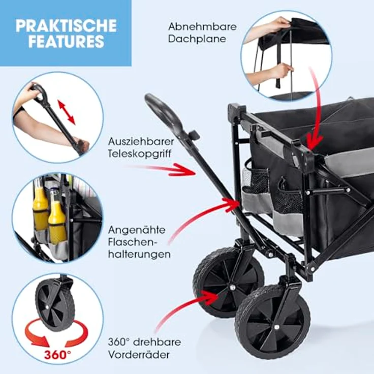EASYmaxx Bollerwagen mit Dach faltbar, klappbarer Handwagen bis 80 kg belastbar, kompaktes Design, ausziehbarer Teleskopgriff, 360° Vorderräder, Schwarz – Bild 4