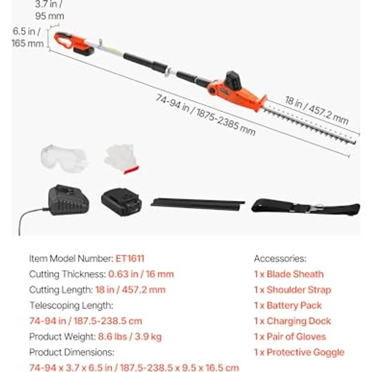 VEVOR Akku-Heckenschere 20 V, Elektroheckenschere-Set mit 457,2 mm Schnittlänge, Teleskopdesign 187,5–238,5 cm für hohe Äste, inkl. 2,0Ah Akku & Schnellladegerät – Bild 7