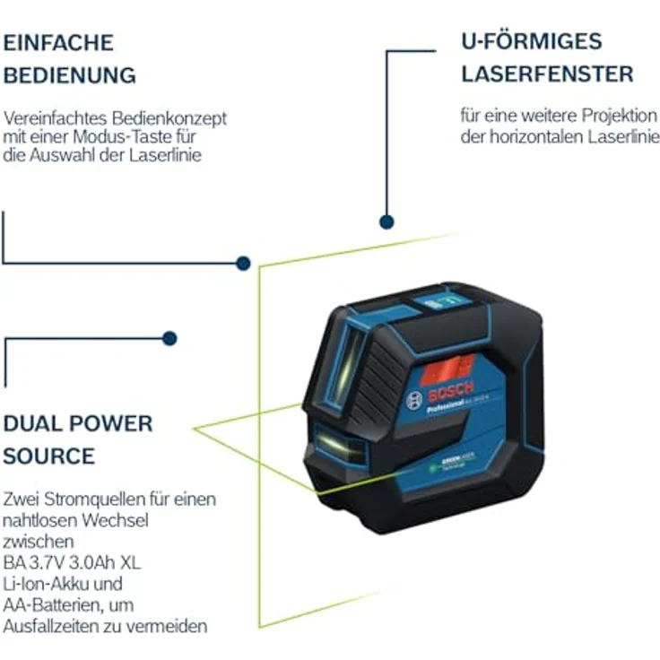 Bosch Professional GLL 20-22 G (C) Linienlaser mit IP65-Schutz und Dual Power Source, robustes Gehäuse und U-Form Laserfenster – Bild 4