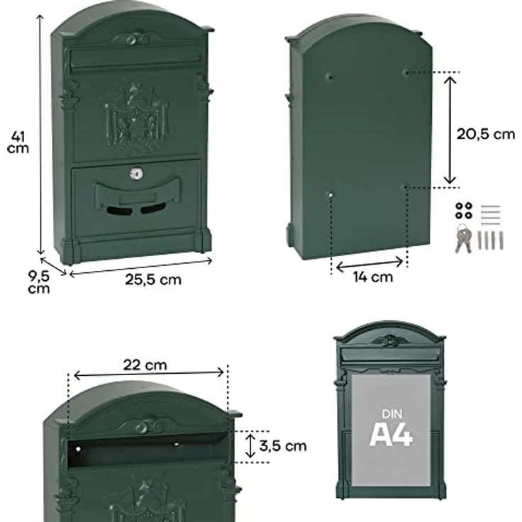 Briefkasten aus Aluminium im klassischen Stil, Größe M (DIN A4), Eleganter Wandbriefkasten für Draußen, Dekorativer Postkasten mit Namensschild, Einfache Montage, Grün – Bild 3
