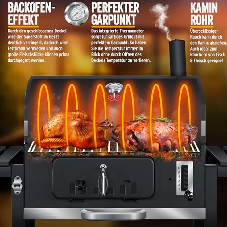 KESSER® Grillwagen BBQ Smoker XXL Holzkohlegrill mit Deckel, Rädern, Edelstahl-Griff, Thermometer, inkl. Zubehör - Schwarz – Bild 2