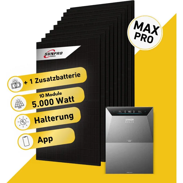 Balkonstrom Balkonkraftwerk 5000W Monokristallin Komplettset mit Anker 4 Pro Speicher und 8x Sunpro Solarmodulen á 500W, Bifazial, Halterung für Balkon, Garten und Dach