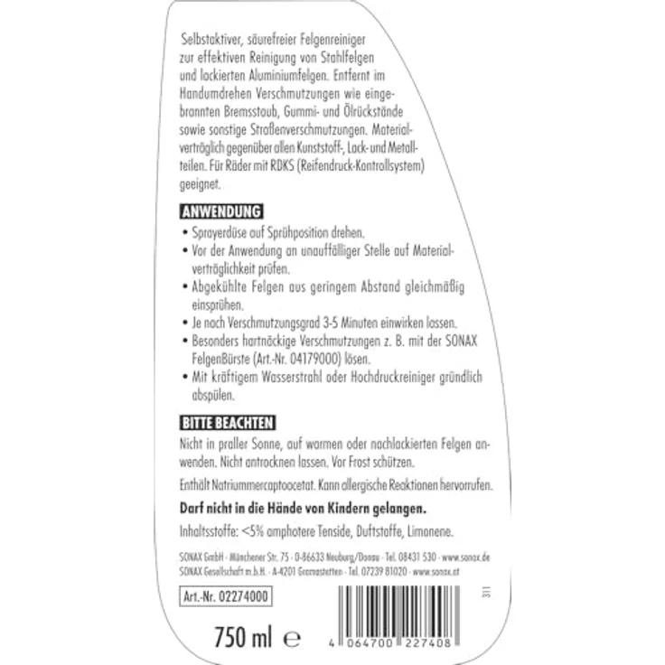 Sonax FelgenStar Felgenreiniger 750 ml für Alufelgen u. Stahlfelgen – Bild 2