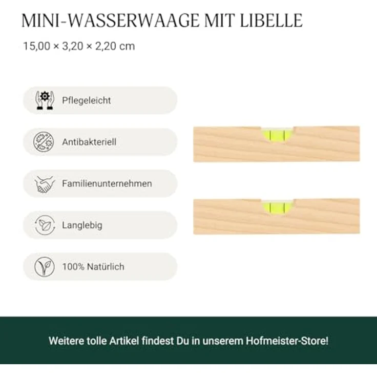 Hofmeister Holzwaren Mini-Wasserwaage aus Holz, mit Libelle, für Bilder, Möbel & Fußböden, kleine Maurerwaage, Made in Germany (15 cm) – Bild 3
