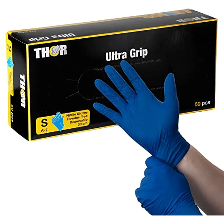 ABENA | THOR Ultra Grip Long 50 Stück (Größe S, 30 cm) | Blaue Nitrilhandschuhe für einen sicheren Griff | Sichere Latexfreie Einmalhandschuhe | Dicke Einweghandschuhe ohne Puder