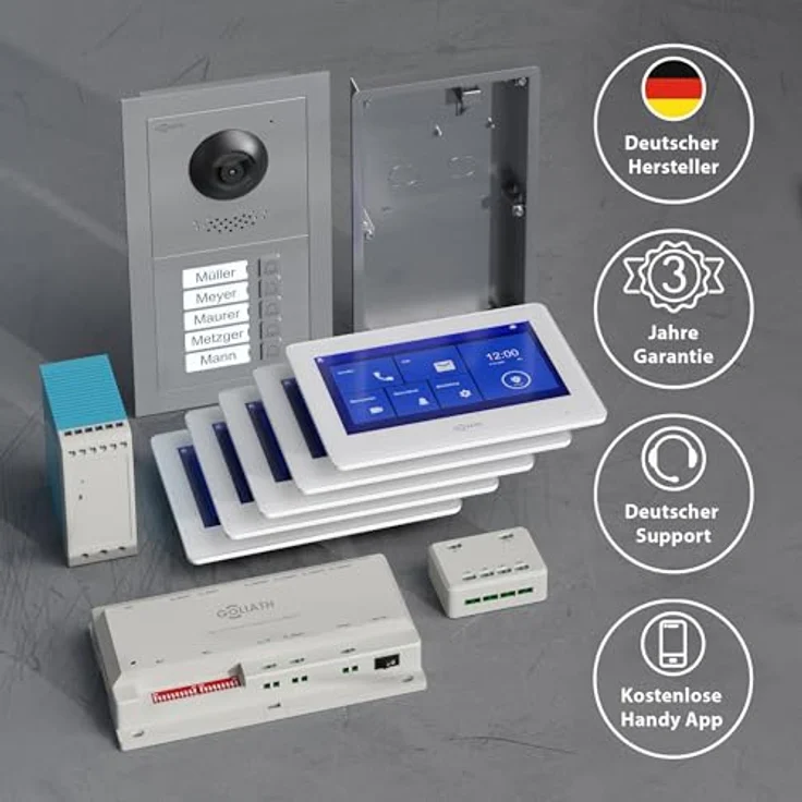 Goliath Intercom Video-Türsprechanlage Türklingel mit 7-Zoll HD Monitor, 160° Kamera, 2-Draht BUS Technologie, Weiß/Schwarz für 5-Familienhaus – Bild 6