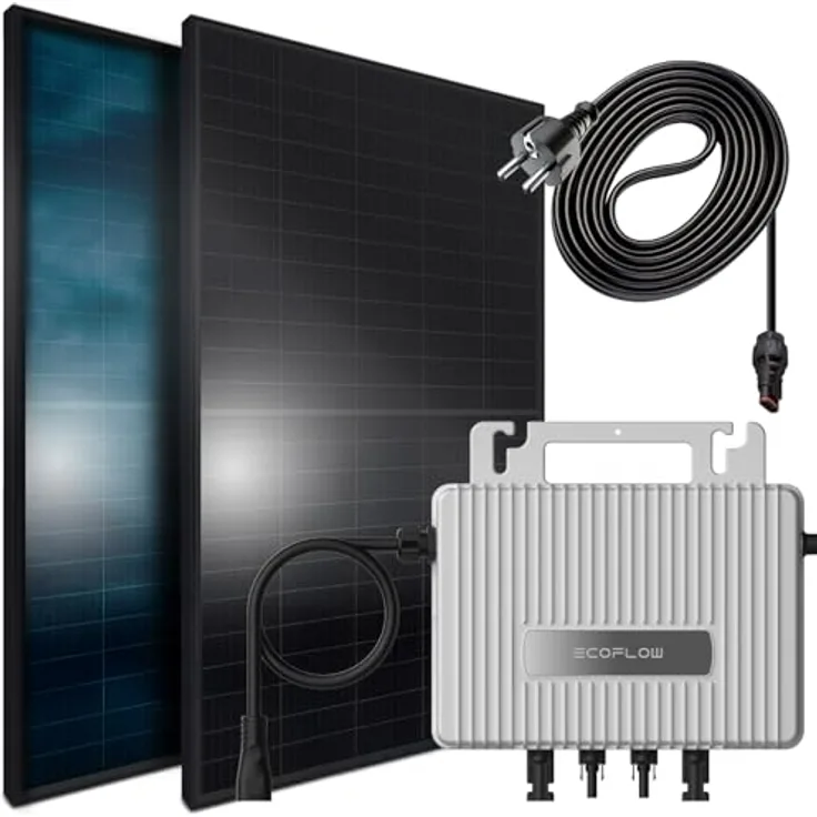 SUNNIVA® 1300W Balkonkraftwerk, komplettes Set mit 800W Eco Flow Wechselrichter, 2x 500W bifazialen Glas-Glas Modulen, schwarz und 5m Kabel