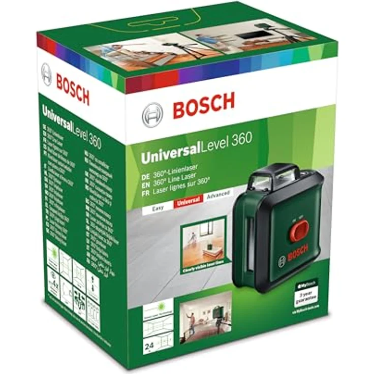 Bosch Kreuzlinienlaser UniversalLevel 360 (grüner Laser, Arbeitsbereich: bis zu 24 m, Genauigkeit: ± 0,4 mm-m, selbstnivellierend: bis ± 4°, 4x AA-Batterien, im Karton) – Bild 3