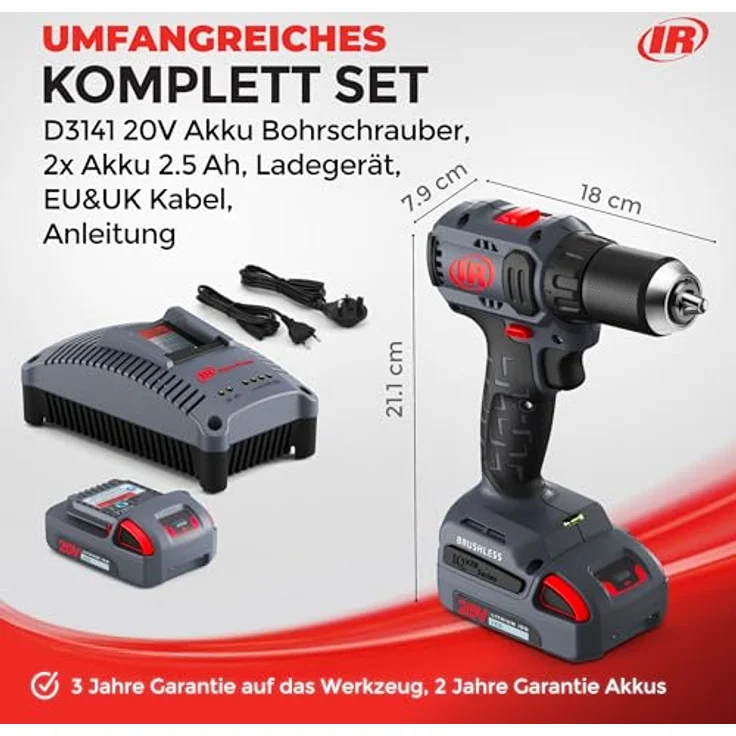 Ingersoll Rand D3141, Kompakt Akku-Bohrschrauber 20V mit 450 Nm Drehmoment, 2x 2,5Ah Akkus und Ladegerät – Bild 7
