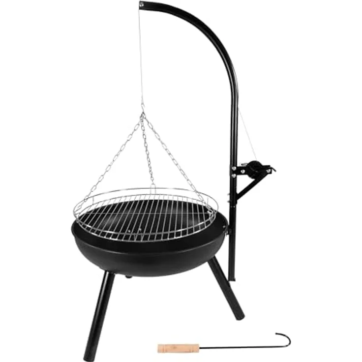 Lemodo Holzkohlegrill – Schwenkgrill mit Kurbel und höhenverstellbarem Grillgitter, stabile Feuerschale, Outdoor BBQ Grill für Garten