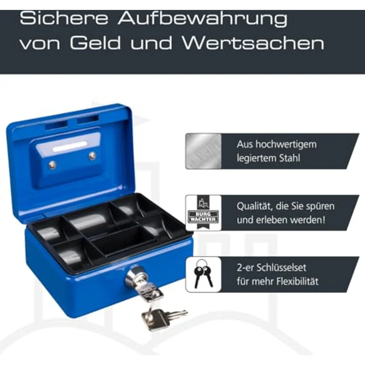 BURG-WÄCHTER Geldkassette, MONEY 5012, Stahlblech, Blau, Inkl. 2 Schlüssel und Hartgeldeinsatz, Mit Einwurfschlitz – Bild 5