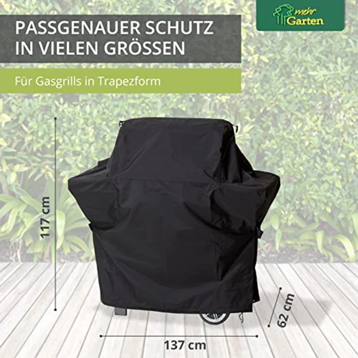 Mehr Garten – Premium Gasgrill-Abdeckung Trapez: 137(B) x62(T) x117(H) cm I Abdeckhaube für Gasgrill wasserdicht und wetterfest aus Oxford 600D Gewebe I Grillhaubenabdeckung I Schwarz – Bild 5