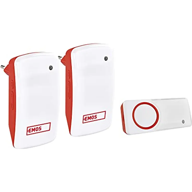 EMOS Batterielose Türklingel/Funkklingel Set mit 2 Empfängern, 150 m Reichweite und 10 Klingeltönen, 5 Stufen Lautstärke bis 110 dB/Visuelle Anzeige/Self-Learning Paarung, weiß/rot