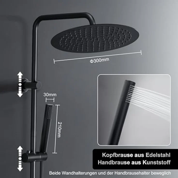 Görbach Regendusche Duschsystem, Wassersparend mit XXL Kopfbrause 30 cm in Schwarz, Edelstahl-Duschstange und flexible Wandhalterung – Bild 3