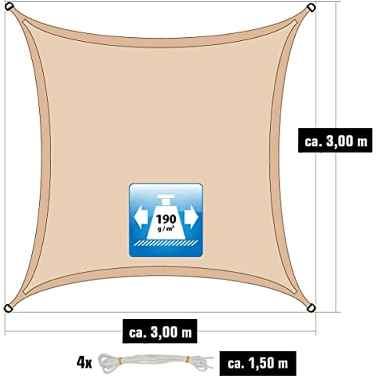 AMANKA 98% UV-Schutz: 3x3 Sonnensegel Wasserdicht Quadratisch - 90% Beschattung - Sonnenschutz Dach für Terrasse Balkon Garten Trampolin - Segeltuch mit Befestigung - Terrassenüberdachung Viereckig – Bild 3