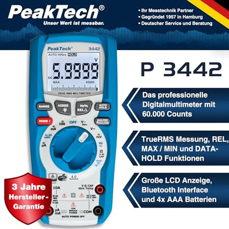 PeakTech P 3442 True RMS Digital Multimeter für Elektriker mit 60000 Counts und 4.0 Bluetooth, Profi-Handmultimeter, Auto-Hold, -GS, Spannungsmesser, Durchgangsprüfer, Messgerät - CAT III 1000V – Bild 3