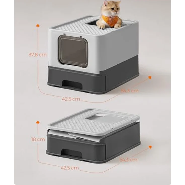 Feandrea Katzenklo, Katzentoilette, mit Deckel, ausziehbares Tablett, Schaufel, Bürste, geräumig für Katzen bis 15 kg, weniger Spuren, auslaufsicherer Boden, anthrazitgrau-Taubengrau PPT001B01 – Bild 5