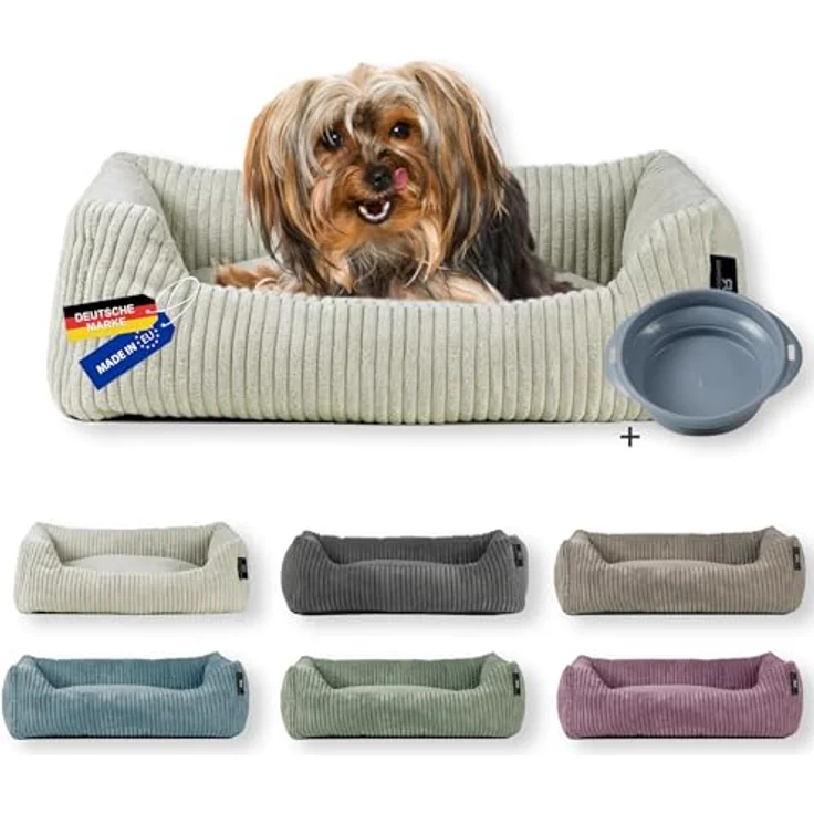 Rohrschneider Hundebett Cord | für kleine Hunde | waschbarer Bezug | inkl. Futternapf (Beige, 55 x 42 cm) – Bild 1