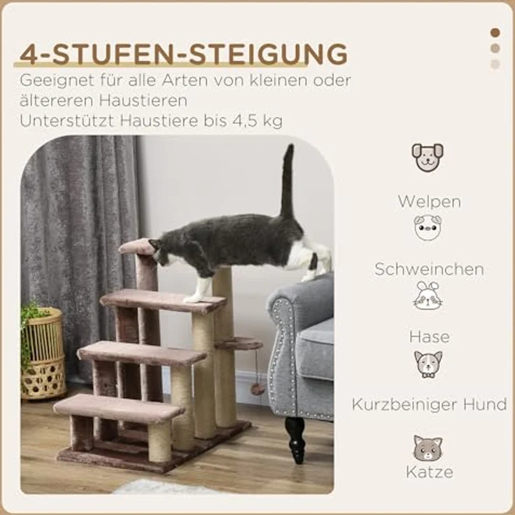 PawHut Kratzbaum Haustiertreppe mit Kratzbaum Ball, 4-stufige Katzentreppe, für Haustiere bis 5 kg, Braun – Bild 3