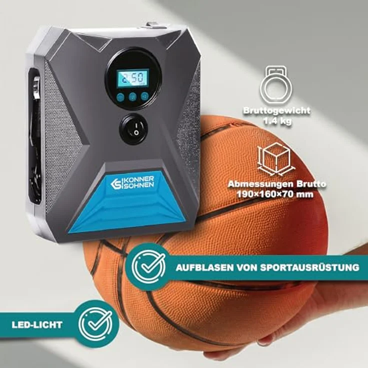 K&S Könner&Söhnen KS P10 Tragbare Elektronische Luftpumpe 12V Autoreifen Pumpe 120 W Elektrisch Luftkompressor 150 Psi Kabellänge 3 m Auto Luftpumpe Fahrradpumpe LED-Licht Automatische Abschaltung, Schwarz – Bild 3