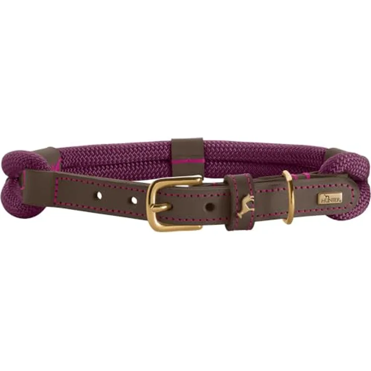 HUNTER Hundehalsband Malia, brombeer/Dunkelbraun, geschmeidiges Tau & robustes Leder, Made in Germany, Größe: 45