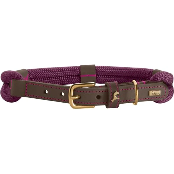HUNTER Hundehalsband Malia, brombeer/Dunkelbraun, geschmeidiges Tau & robustes Leder, Made in Germany, Größe: 45 – Bild 1