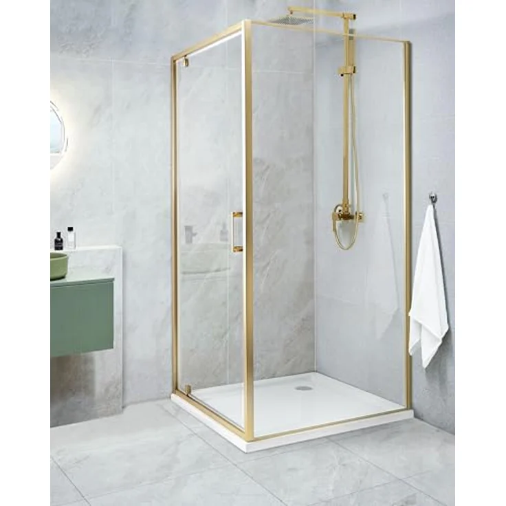 BELIANI Duschkabine Gold, Sicherheitsglas mit verchromtem Aluminiumrahmen und Magnetschloss, Einzeltür 90x90x185cm, modernes elegantes Design – Bild 2