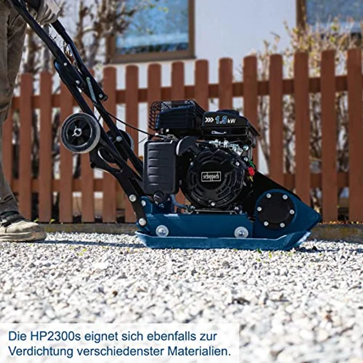 Scheppach Benzin Rüttelplatte HP2300S Verdichter Rüttler Vibrationsplatte | 5,6 PS Leistung | 23 kN Verdichtungsdruck | 35cm Verdichtungstiefe | Komplettset inkl. Gummimatte und Fahrvorrichtung – Bild 6