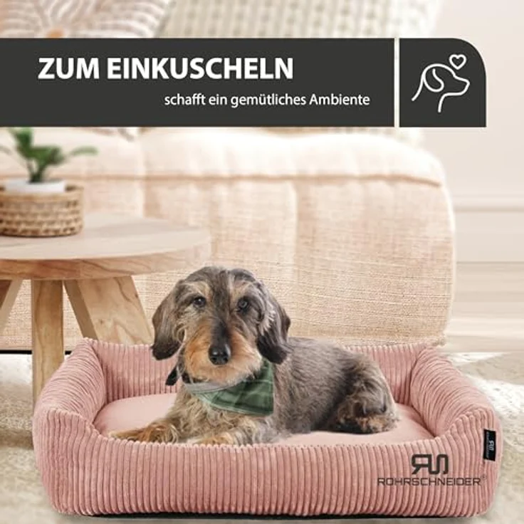 Rohrschneider Hundebett waschbar, für kleine und mittelgroße Hunde, mit Cordhundekissen, 2 Größen (ca. 55x42 cm/ca. 70x50 cm), Powder Rosa, inkl. Gassibeutel – Bild 5