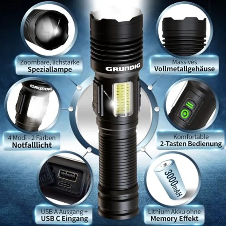 GRUNDIG LED Taschenlampe Ion Technologie, aufladbar, extrem hell, mit Powerbank und Arbeitsleuchte, Aluminium Gehäuse, wasserfest, 3000 mAh Akku – Bild 2