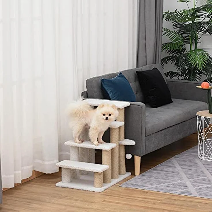 PawHut Haustiertreppe mit Kratzbaum Ball 4-stufige Katzentreppe Hundetreppe Tiertreppe Spanplatte Plüsch Jute Weiß 60 x 40 x 64 cm – Bild 2