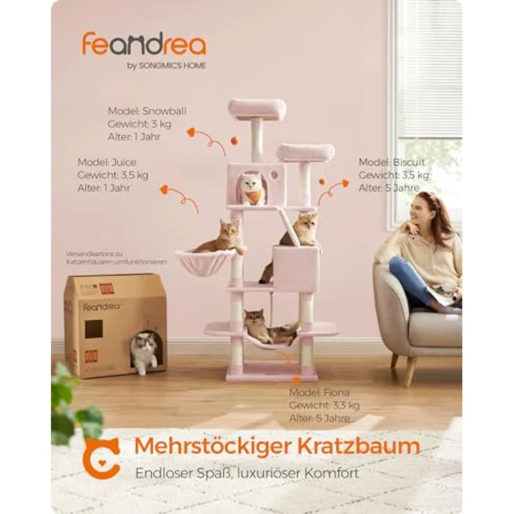 Feandrea Kratzbaum groß, 168 cm hoch, L Katzenbaum, mit 13 Kratzsäulen, 2 Plattformen, 2 Höhlen, Korb, Hängematte, Plüschbälle, pastellrosa – Bild 3