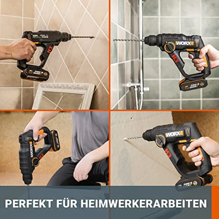 WORX WX390.1 Bohrhammer SDS-Plus - 20V Bohrmaschine mit pneumatischem Hammerwerk zum Schrauben, Bohren & Hämmern 1,2 Joule Schlagenergie Mit 2 Li-Ion Akkus, Ladegerät & Koffer – Bild 4