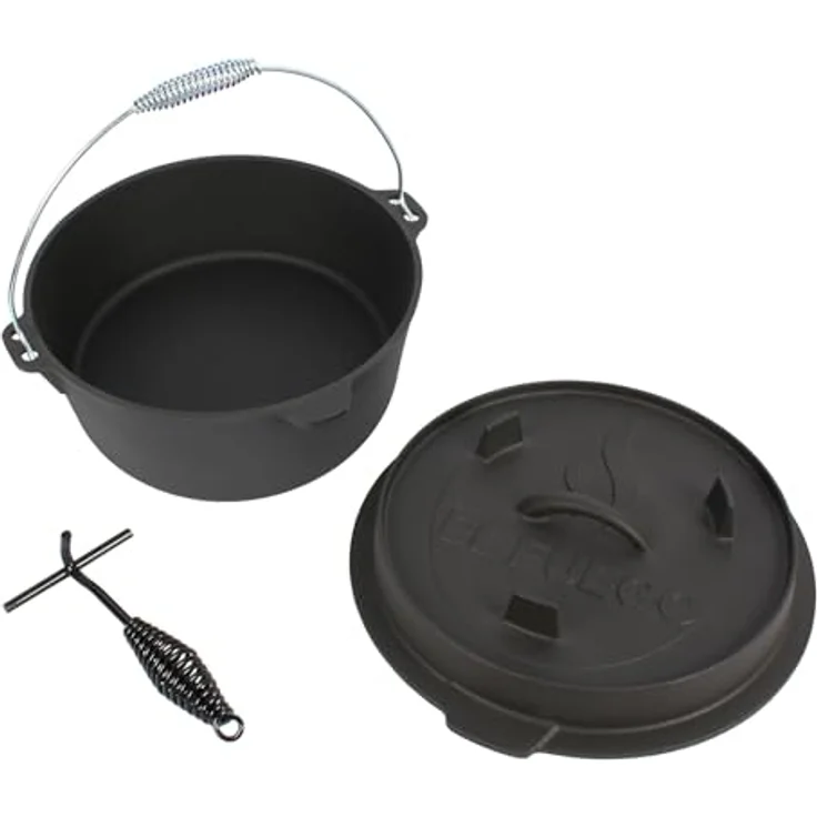 Dutch Oven 9,0 Liter von El Fuego®, 100% Gusseisen, inkl. Schürhaken und Tragebügel, Camping & Outdoor – Bild 3