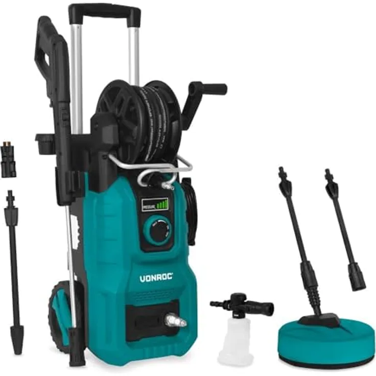 VONROC Hochdruckreiniger V24 PW512AC, 2400W, max. 180 bar, 420 l/h, 11-tlg. Set mit Druckregler, Schlauchtrommel und Aluminium-Pumpe