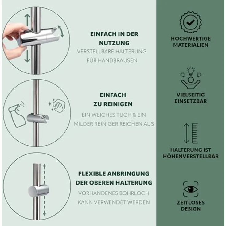 bremermann Brausegarnitur Brausestangenset, inkl. Brause, Brauseschlauch 1,75 m und Stange, multifunktionaler Brausekopf mit 5 Strahlarten, Edelstahl-Rohr, chrom – Bild 3