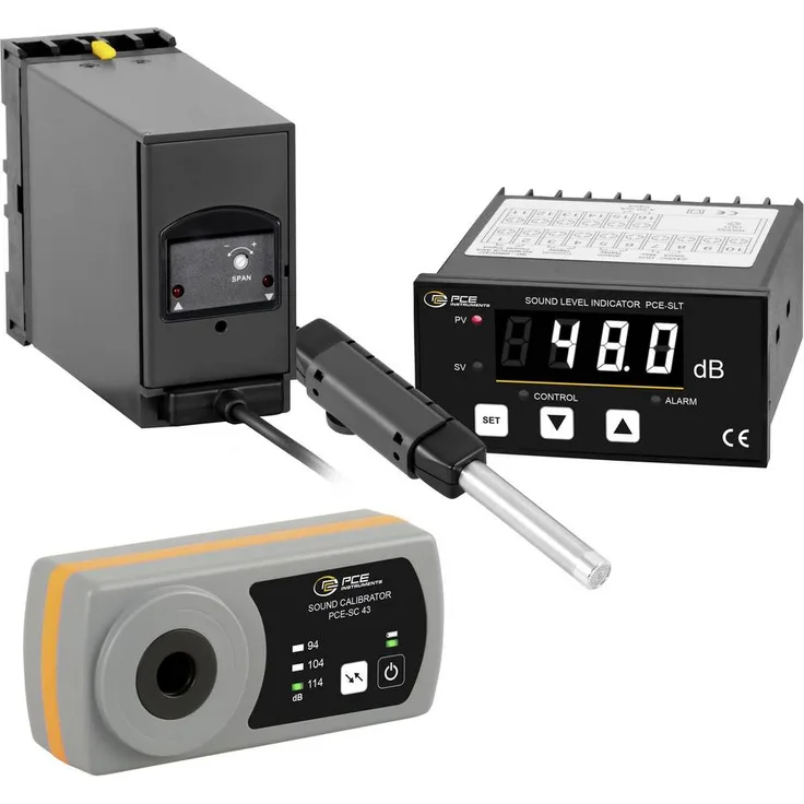 PCE Instruments Schallpegel-Messgerät PCE-SLT-KIT-N, kalibriert (ISO), 30 - 130 dB, Lärmüberwachungssystem mit Digitalanzeige und Alarmfunktion