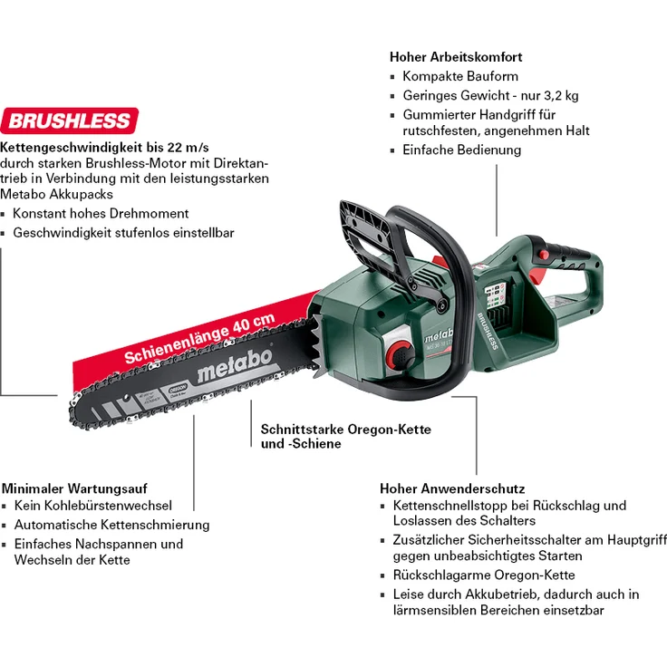 Metabo Akku Kettensäge MS 36-18 LTX BL 40 (2x 18 Volt, Li-Ion, 40 cm Schwert, wartungsfreier bürstenloser Motor, automatische Kettenschmierung) ohne Akku und Ladegerät, im Karton – Bild 4