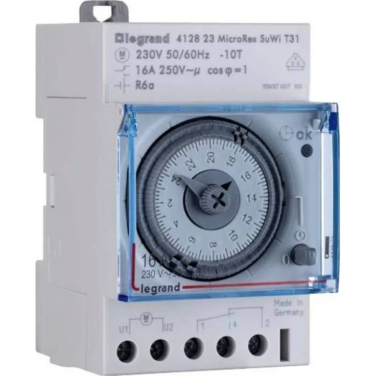 Legrand 412809 Hutschienen-Zeitschaltuhr MicroRex T31F, analog, 230V, mit unverlierbaren Schaltsegmenten und Synchronmotor